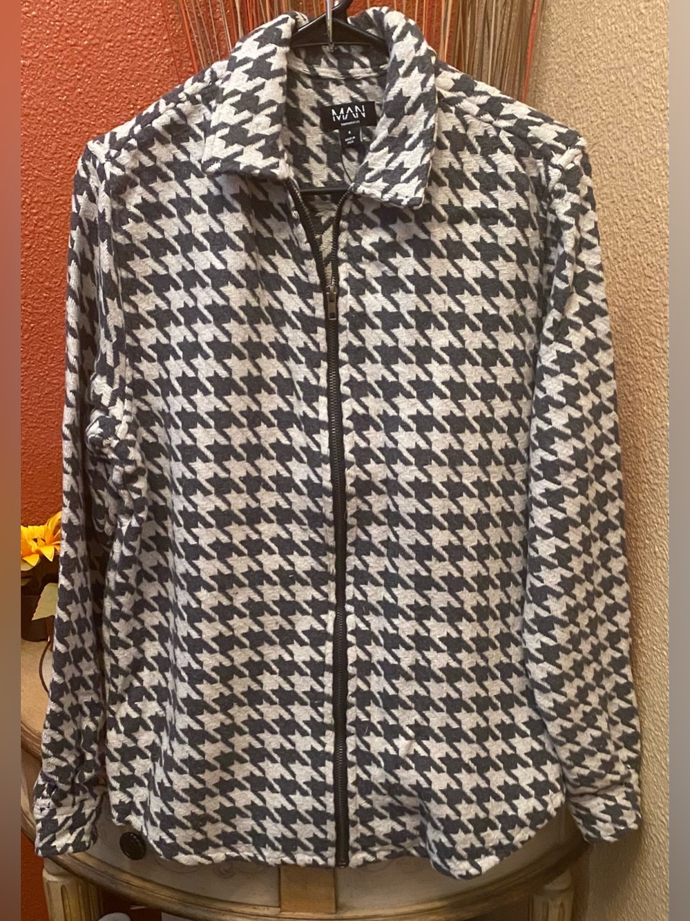 BoohooMan - NEW-Houndstooth Zip-Front Jacket and ElasticWaist Straight Trouser